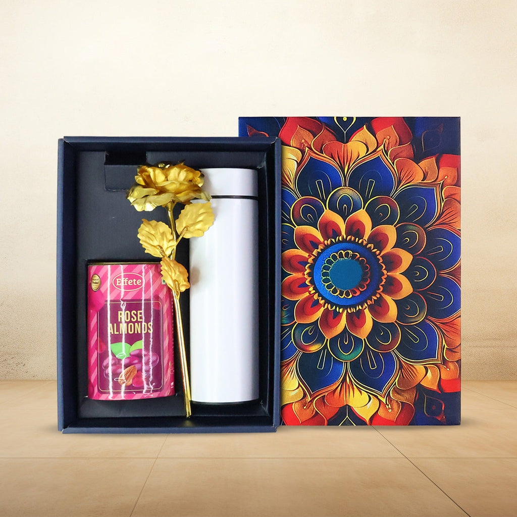 Rose almonds gift hamper with chocolate almonds, golden rose, and stainless steel bottle