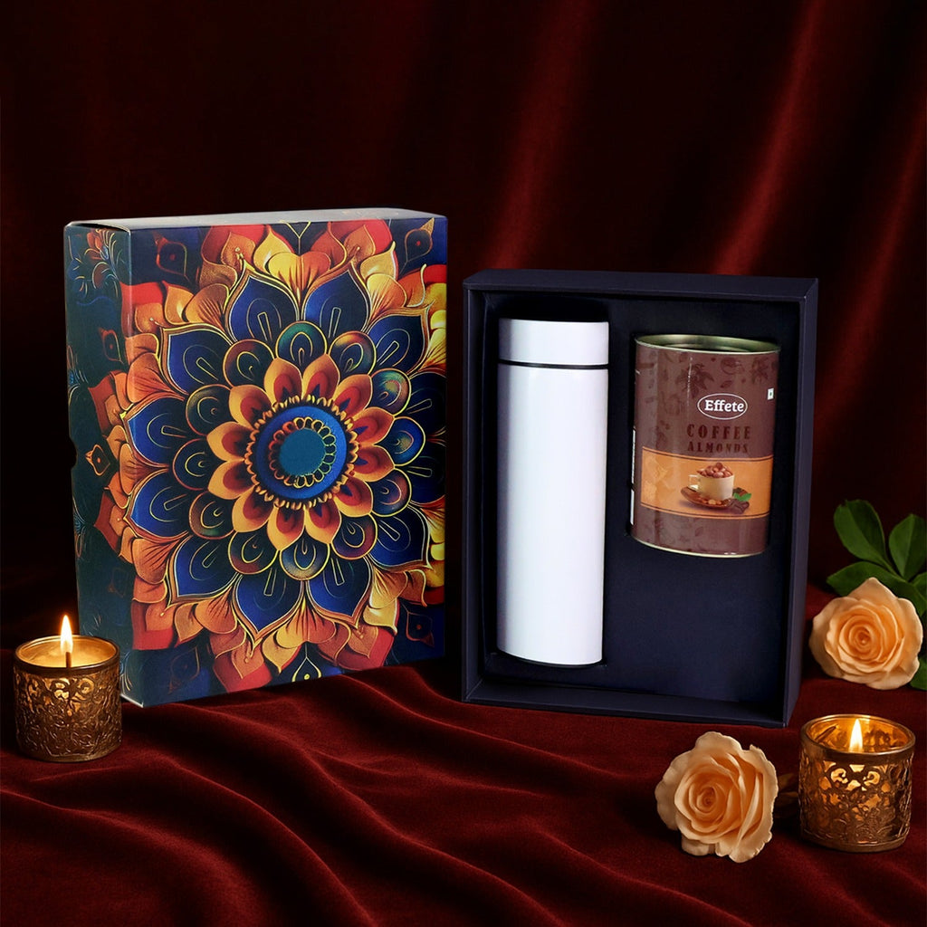 Coffee almonds and stainless steel bottle gift hamper in golden premium packaging