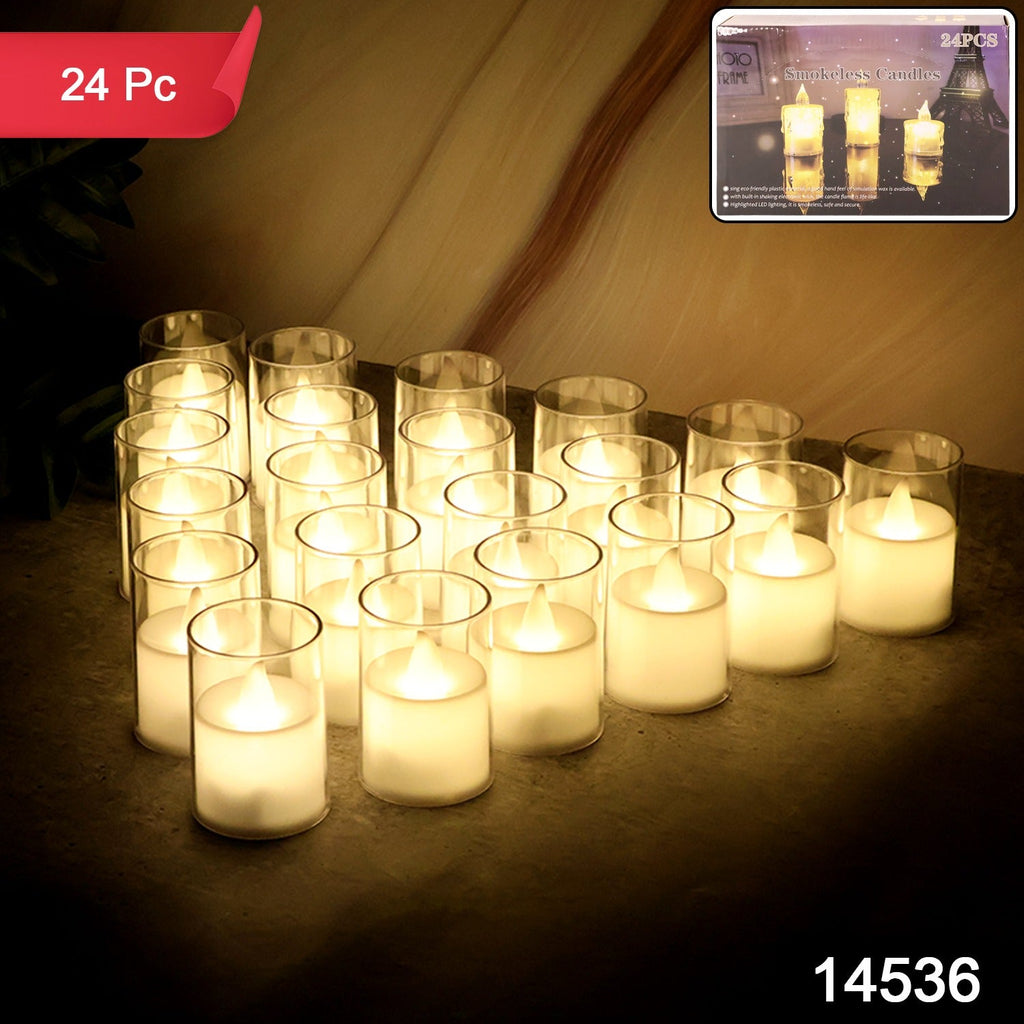 Close up of LED flameless decorative tealight candles in glass holders