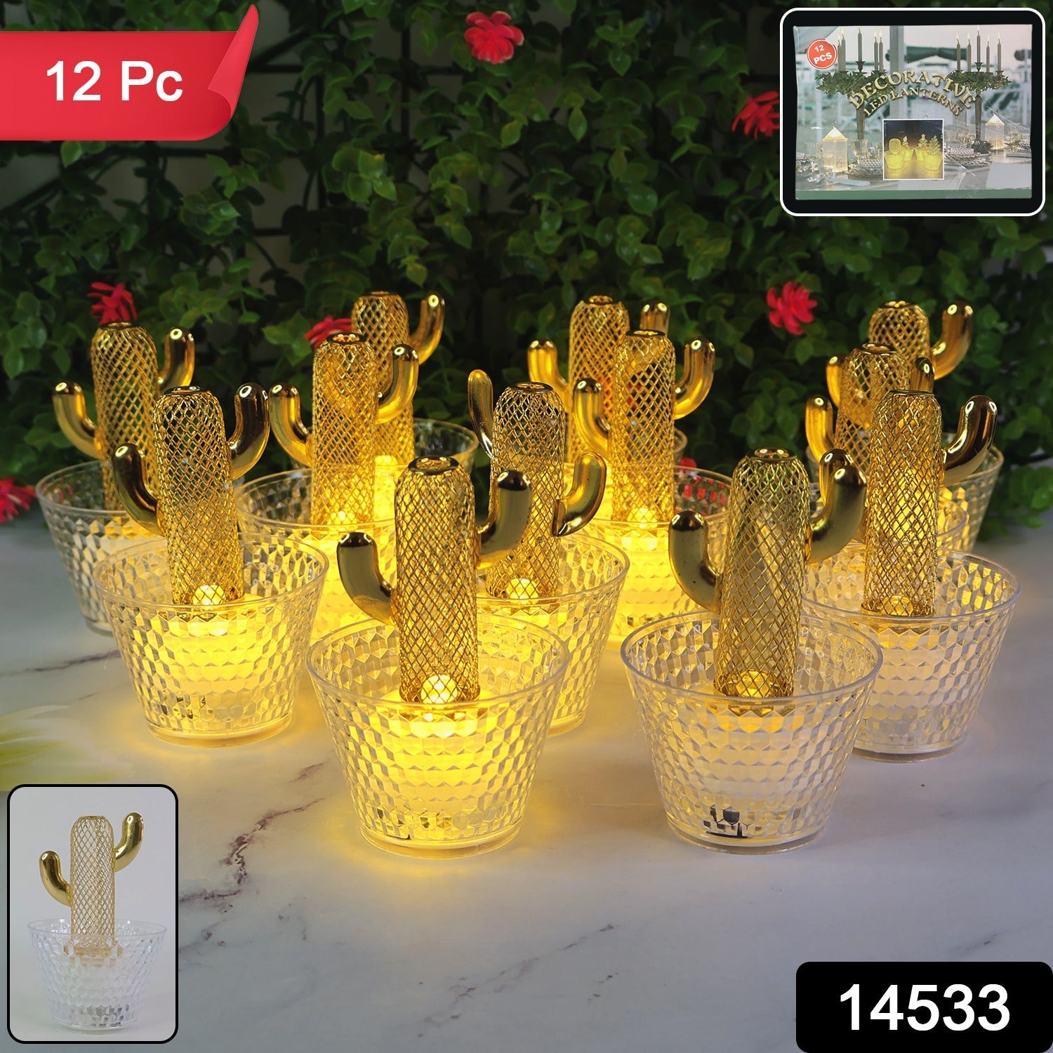 Single golden cactus LED tealight candle in decorative transparent cup for table décor
