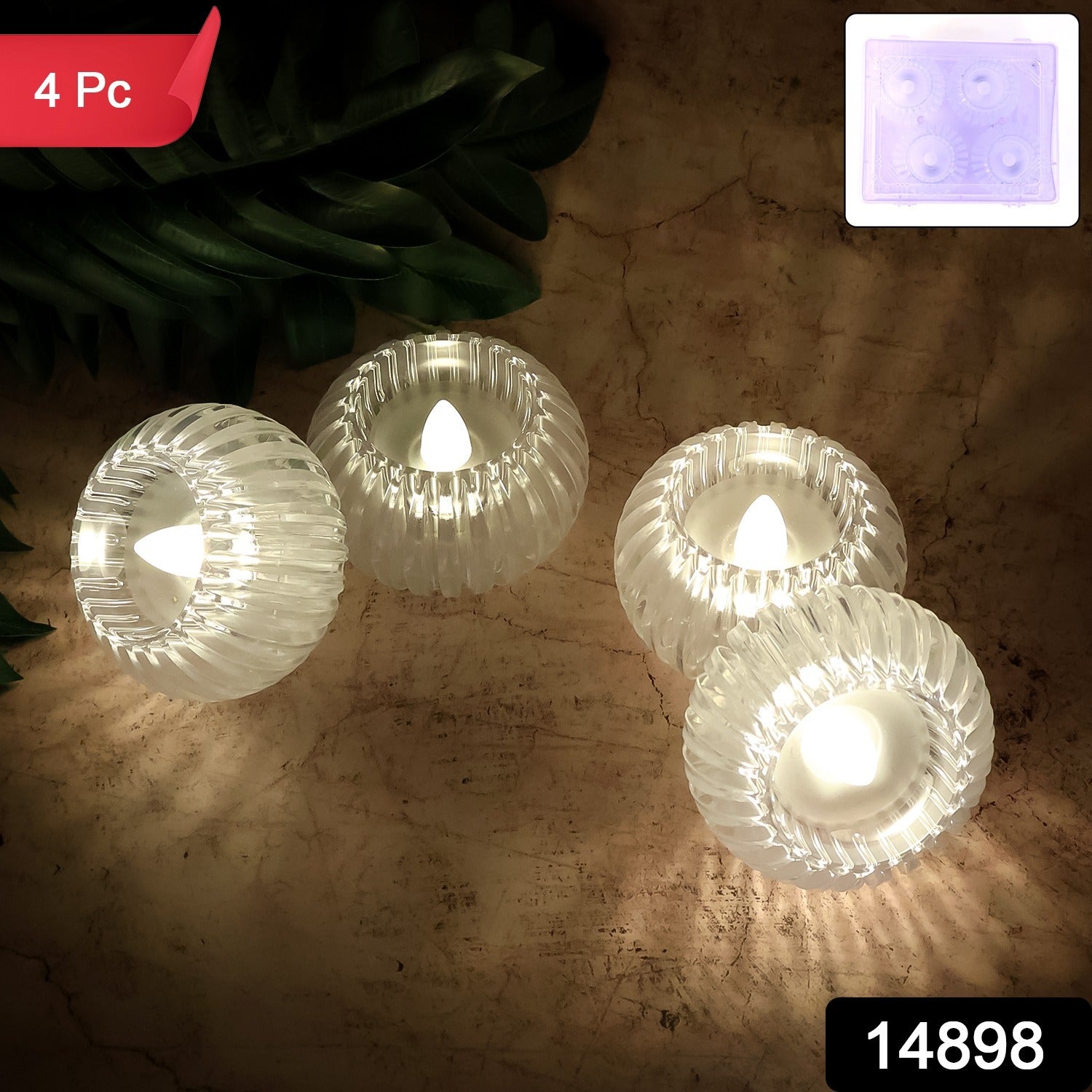 Four decorative LED flameless tealight candles arranged for festive home décor
