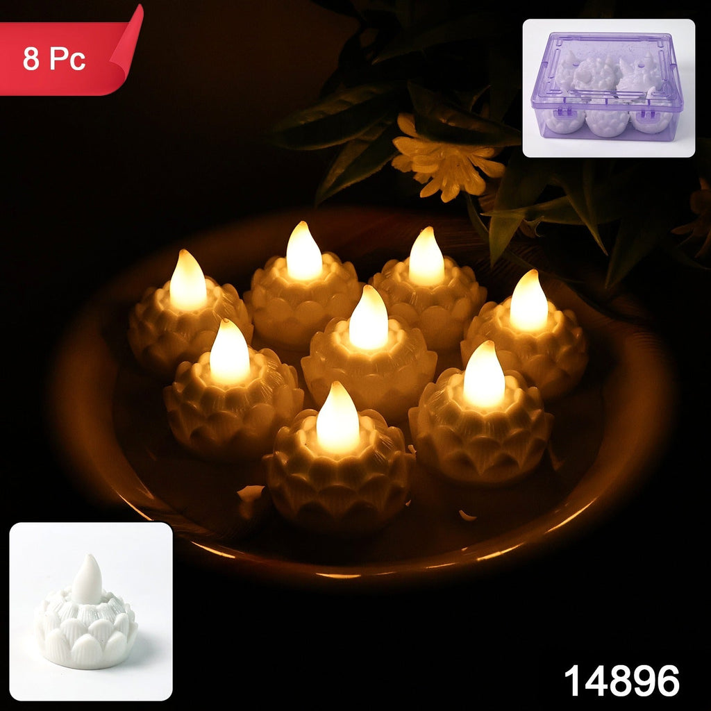 Close-up view of lotus shaped LED flameless tealight candle flickering