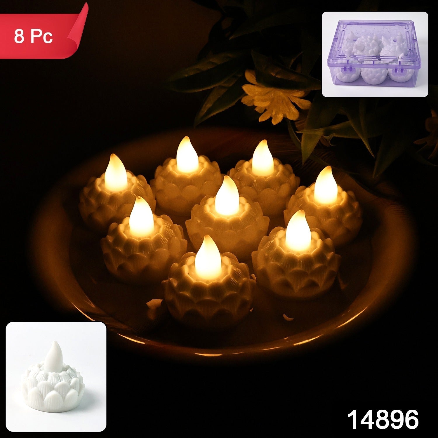 Close-up view of lotus shaped LED flameless tealight candle flickering