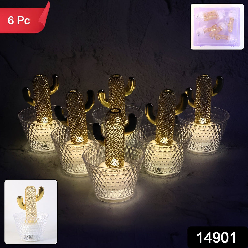 Close-up of cactus LED decorative candle showing golden cactus inside transparent holder