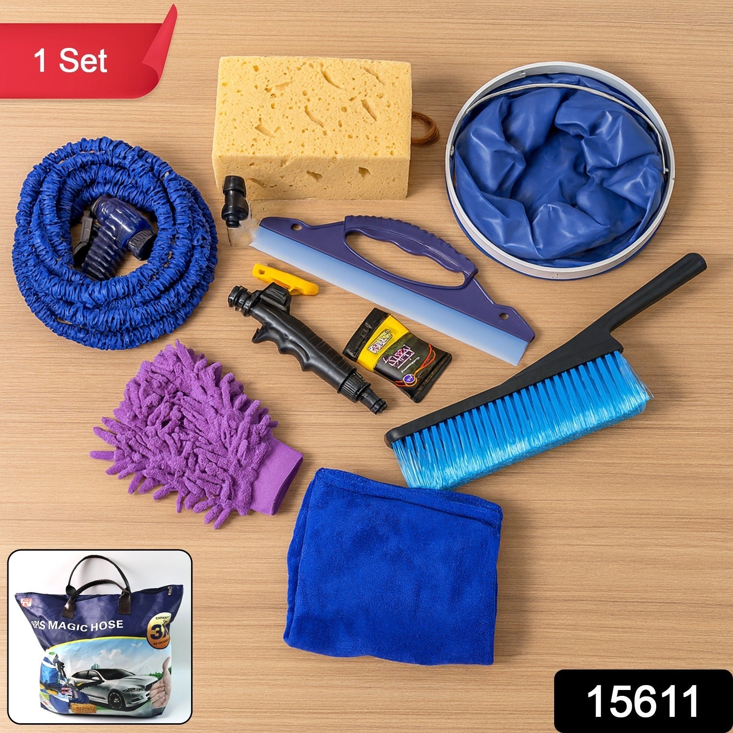 Premium car washing kit in use with hose and cleaning tools