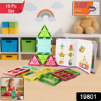 Children playing with colorful 16-piece magnetic construction tiles set