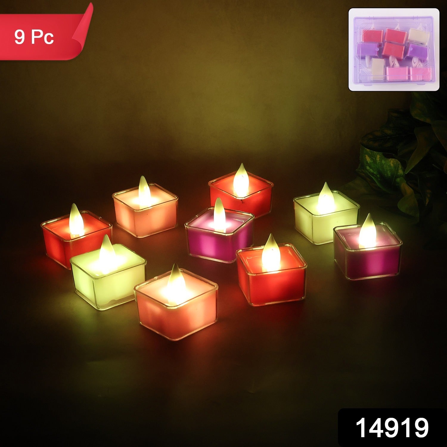 Battery operated LED flameless tealight candles in a decorative setup