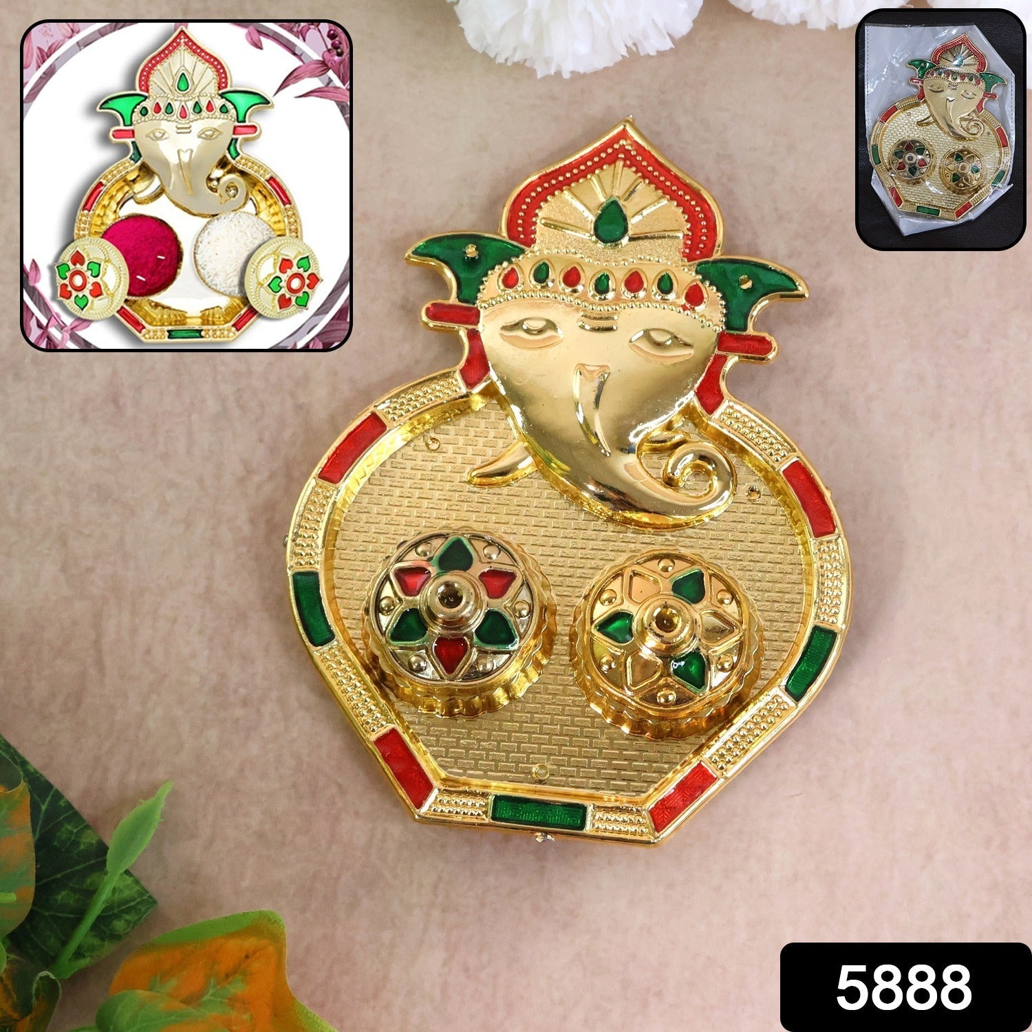 Golden Ganesh Kumkum Box highlighting elegant sindoor holder and twin containers