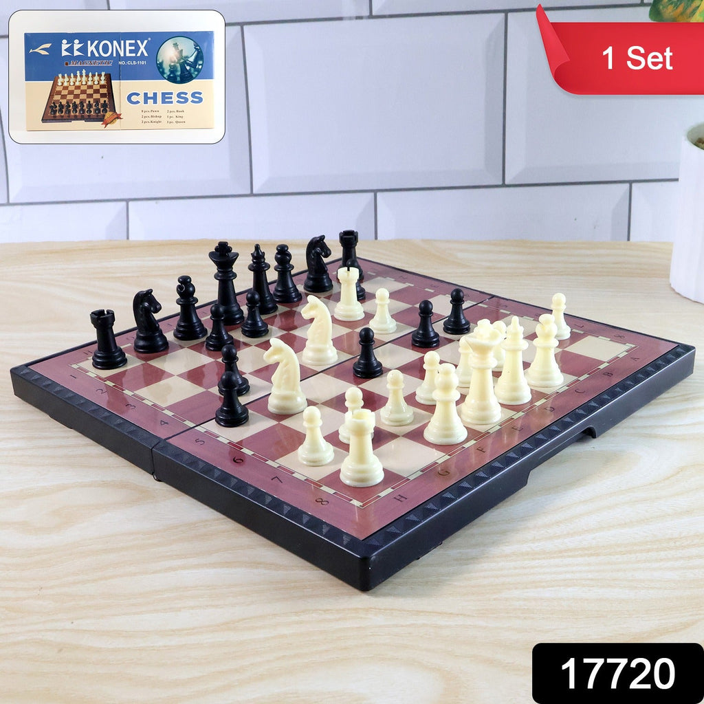 Foldable magnetic chess board game set laid out for play
