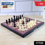 Foldable magnetic chess board game set laid out for play