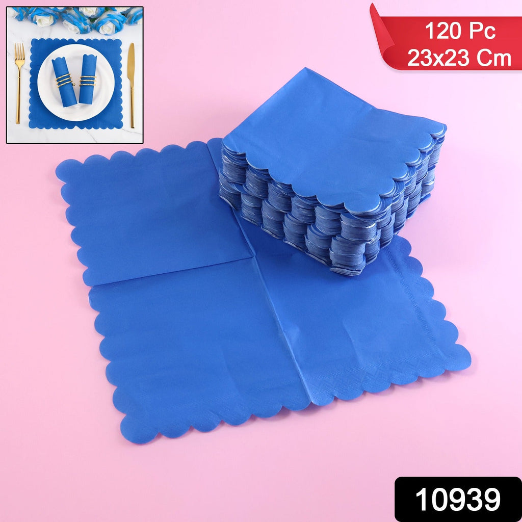 Disposable royal blue paper napkins measuring 23 by 23 cm for party use