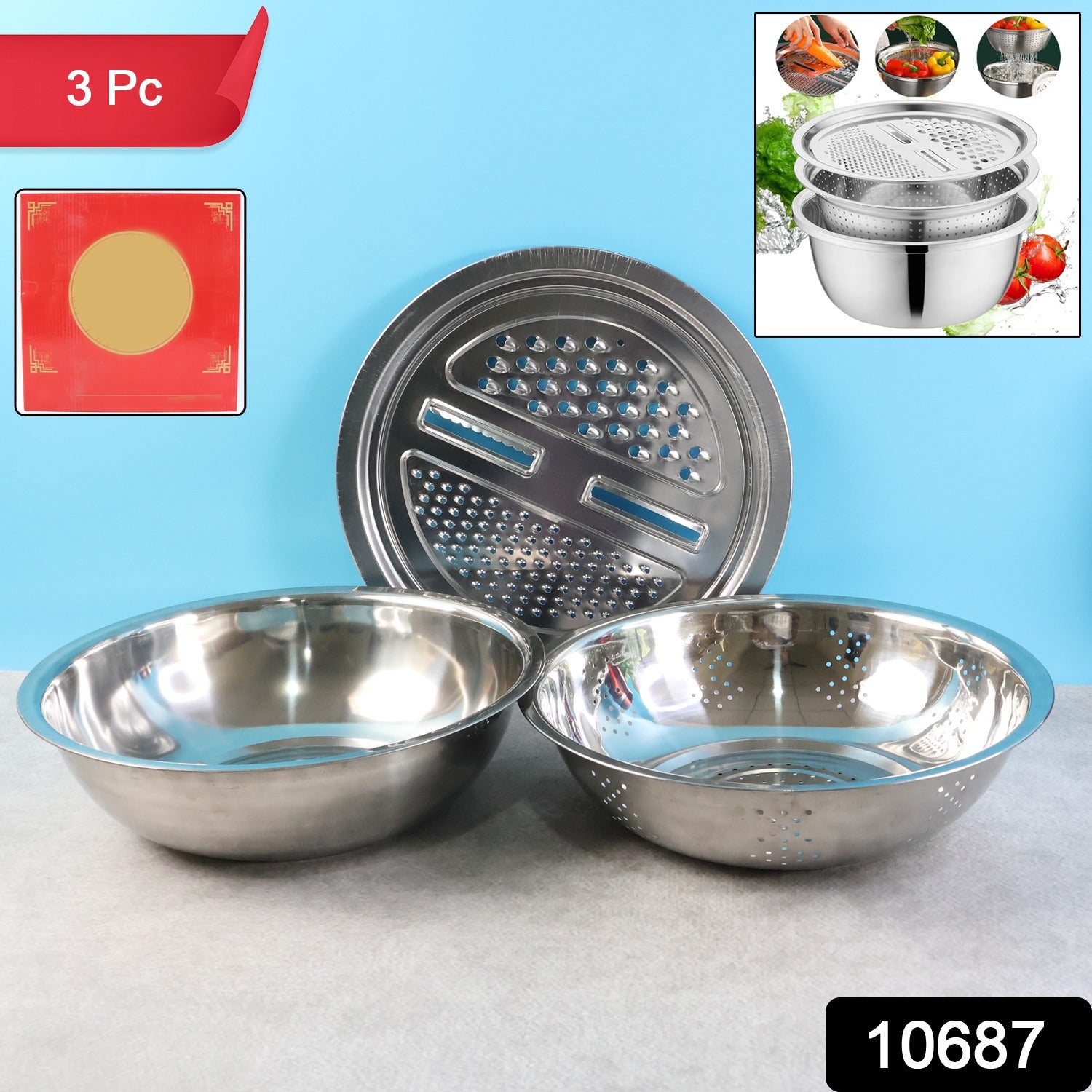 Stainless steel multifunction kitchen bowl set in use for washing vegetables