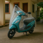 Small transparent waterproof plastic Activa bike cover protecting scooter from rain and dust