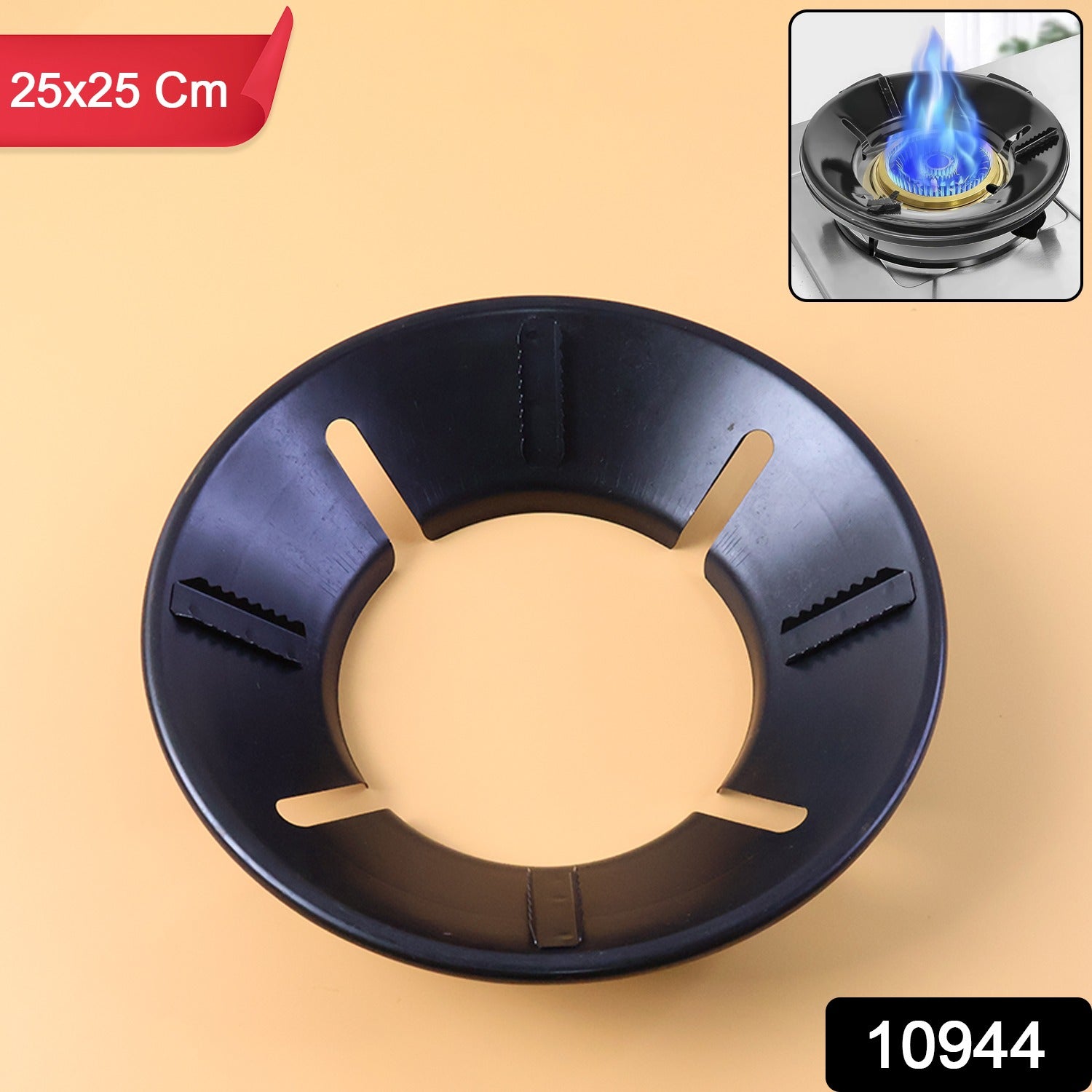 Close-up of gas stove burner with flame protector ring enhancing flame efficiency