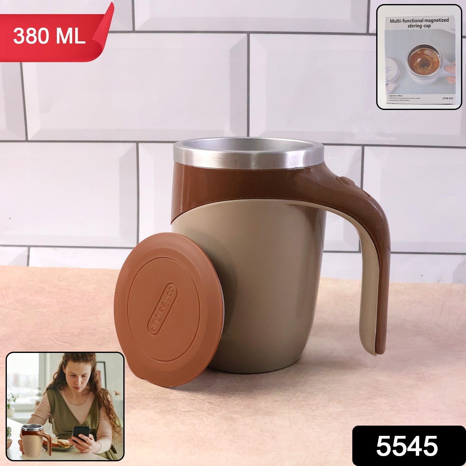 A self-stirring coffee mug effortlessly mixing a beverage with its magnetic mechanism.