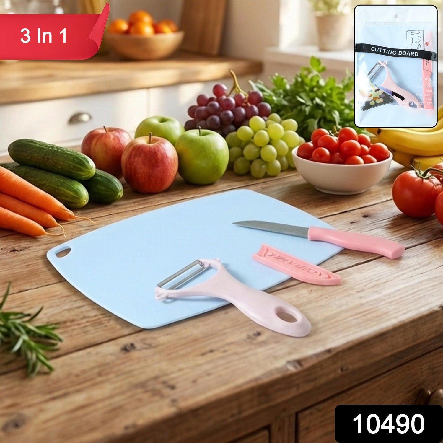 Compact cutting board set including knife and peeler for kitchen use