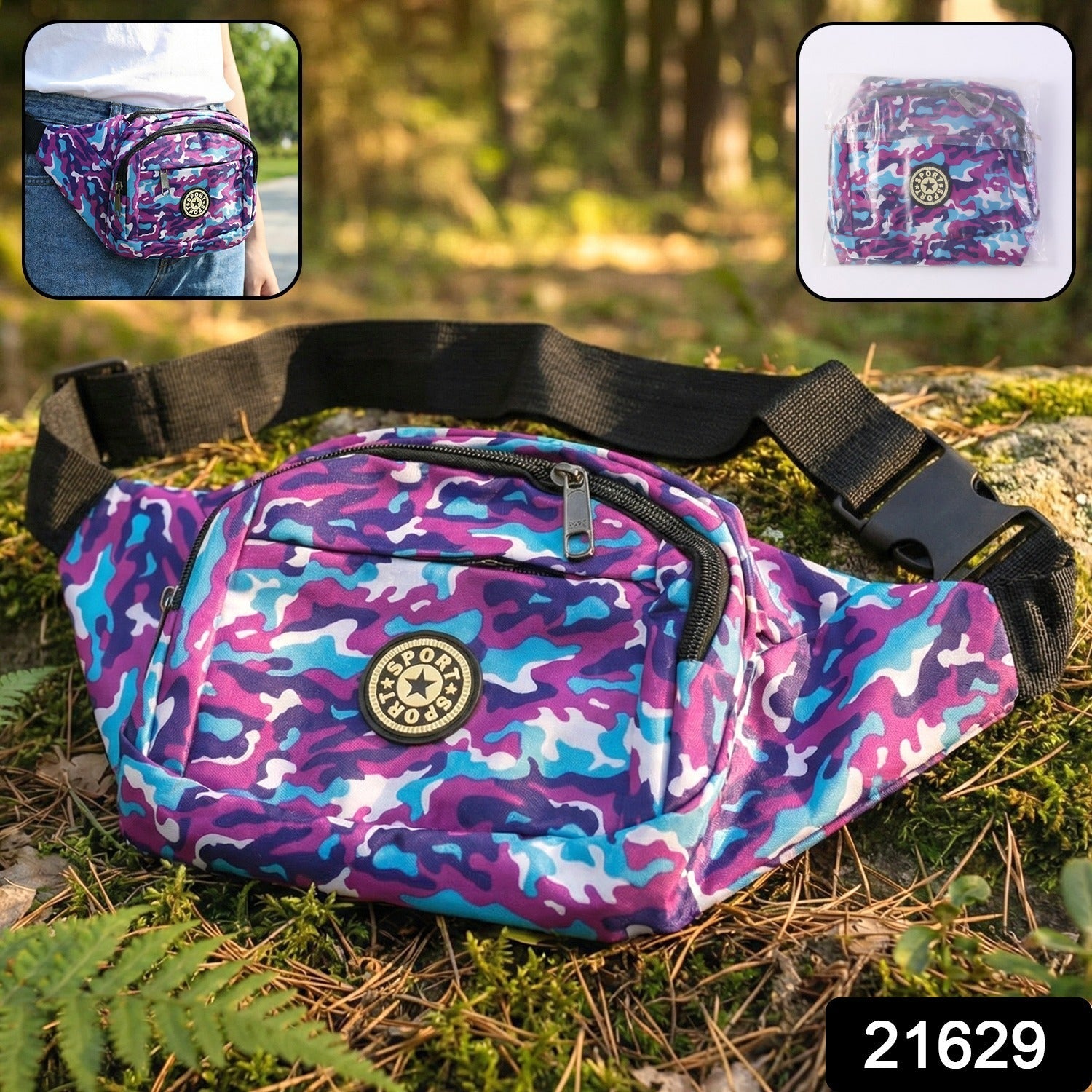 Camouflage print waist bag showing adjustable belt strap design