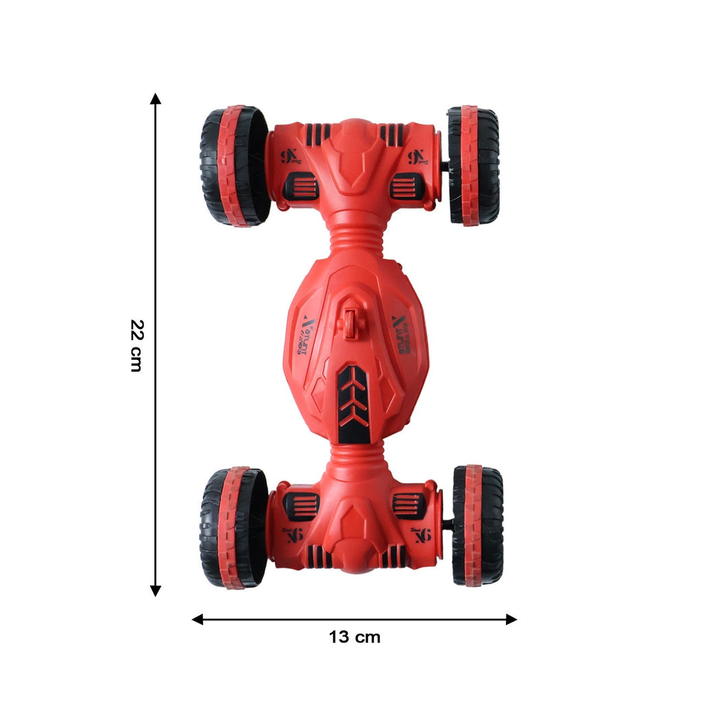 Close-up detail of remote control stunt car's durable design