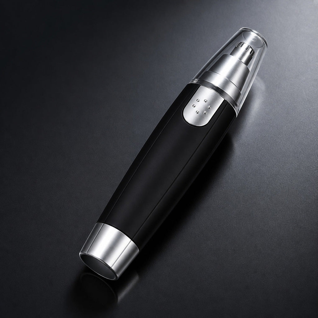 Ear and nose hair trimmer with its protective safety cap attached for storage.