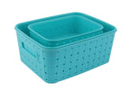 Three sky blue food-grade plastic storage baskets, ideal for kitchen and home.