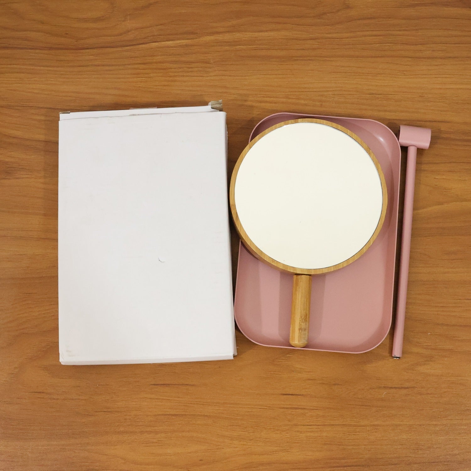 Premium wooden-finish round makeup mirror suitable for home and gift use