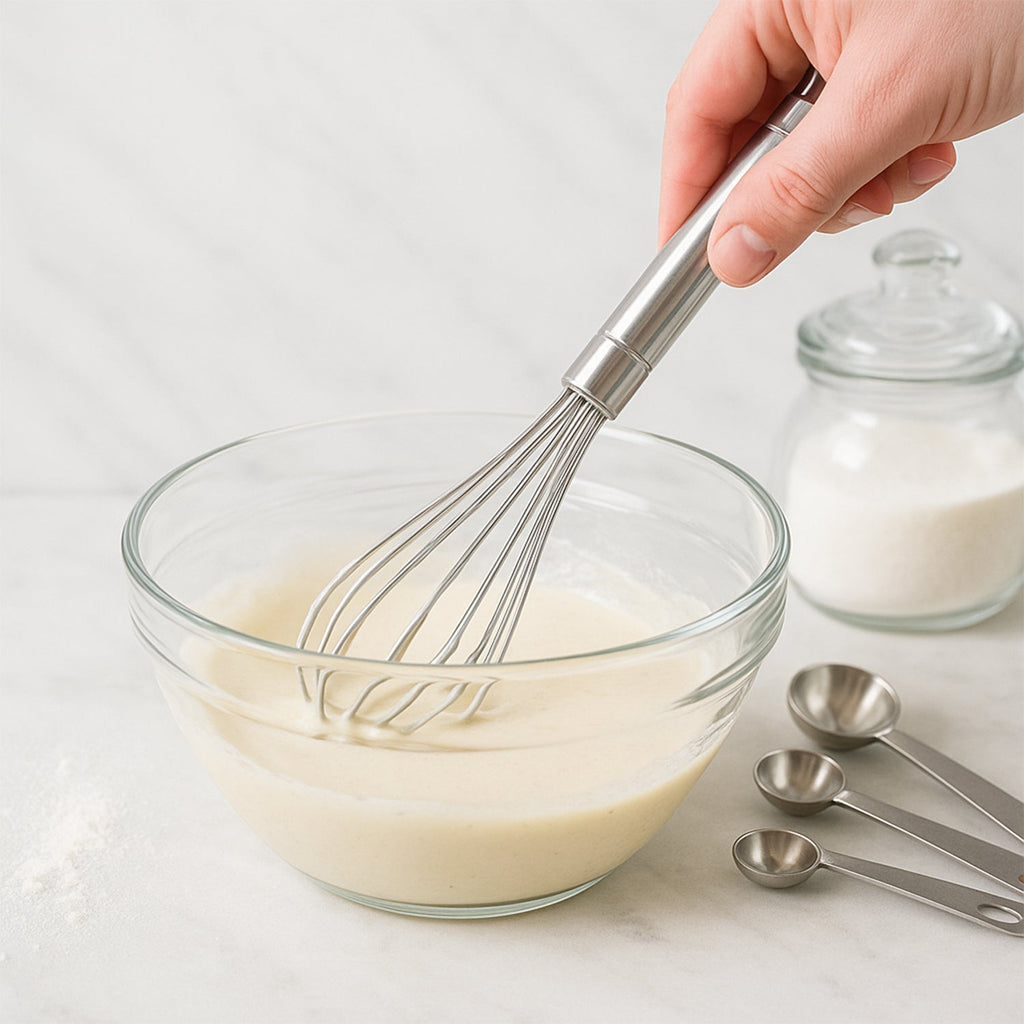 Compact stainless steel whisk ideal for mixing and blending ingredients