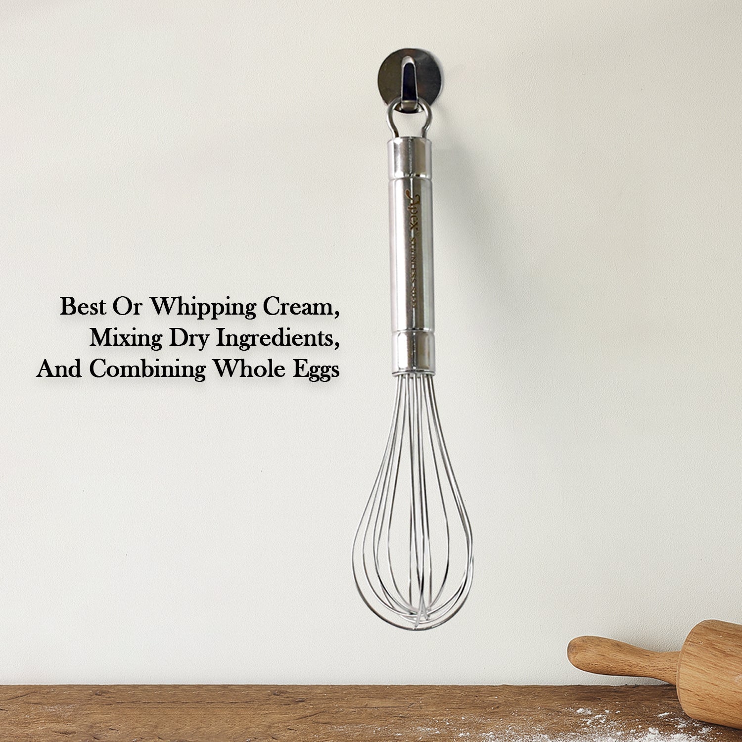 Kitchen whisk designed for beating eggs and whipping cream effortlessly