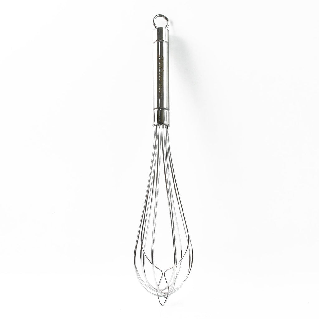 Angled view of durable stainless steel medium hand whisk