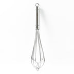 Angled view of durable stainless steel medium hand whisk