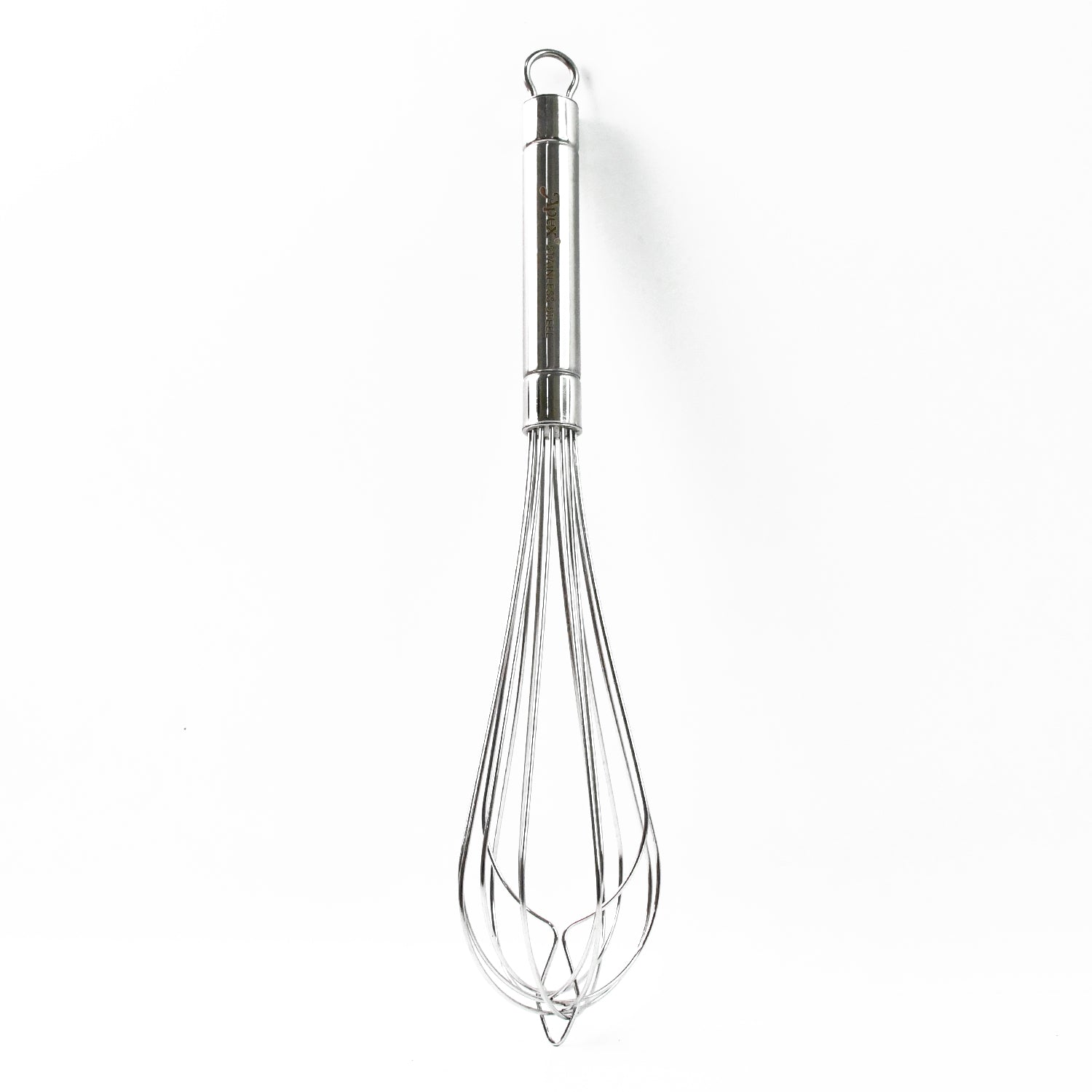 Angled view of durable stainless steel medium hand whisk