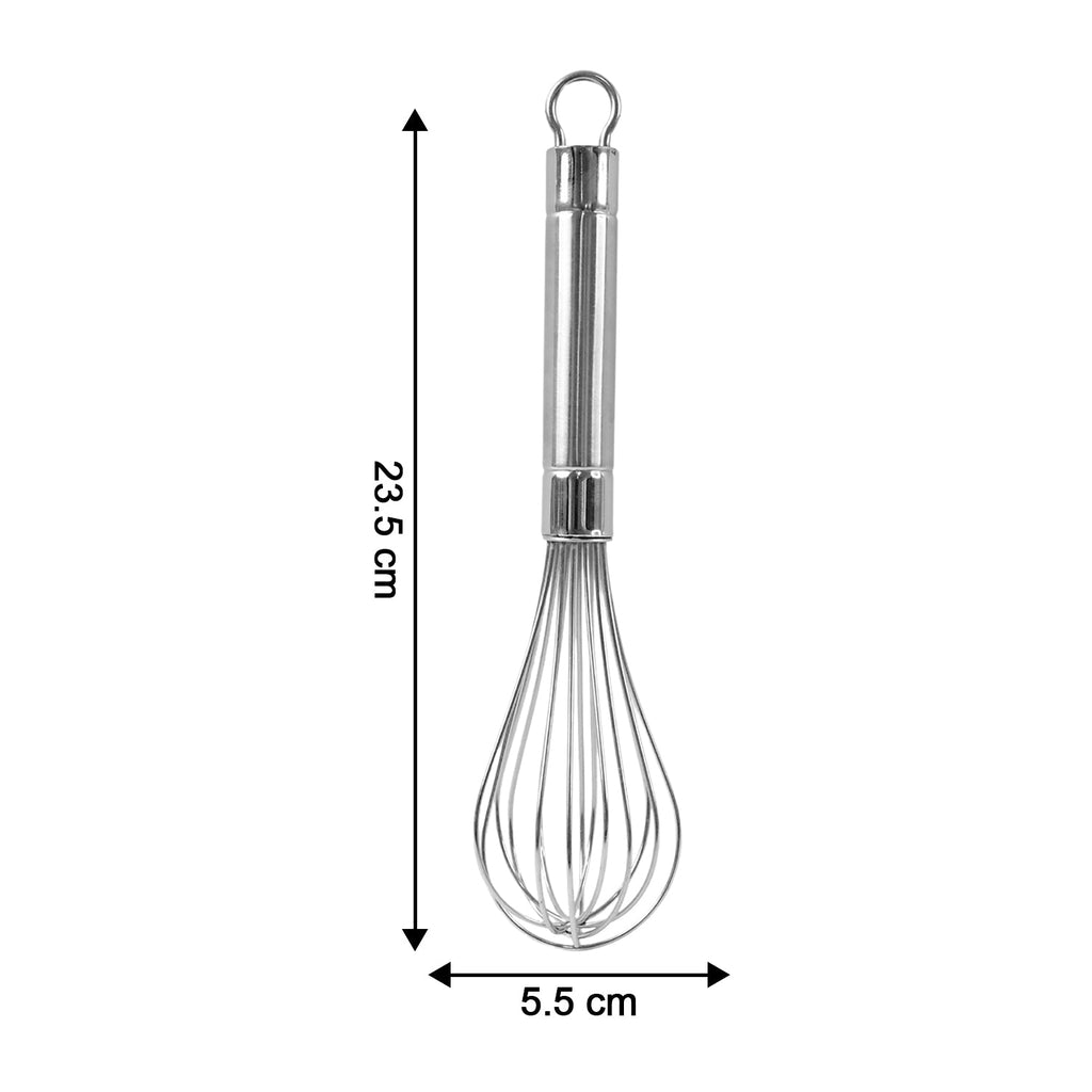 Compact stainless steel whisk stored with hanging loop in kitchen