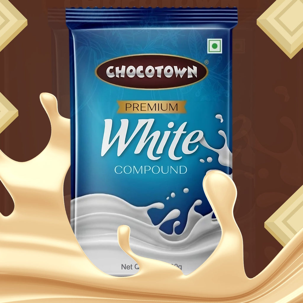 Chocotown White Compound Chocolate slab alongside various finished desserts like cupcakes.