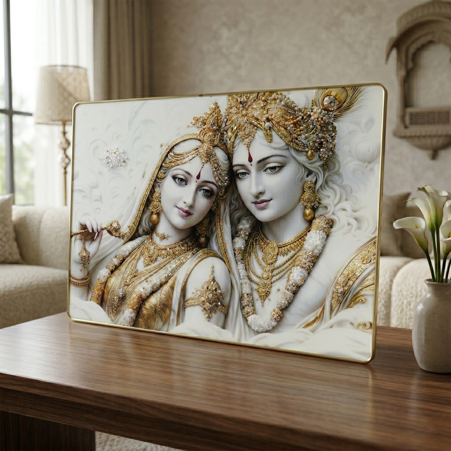 Beautiful Radha Krishna wall hanging frame in white and gold