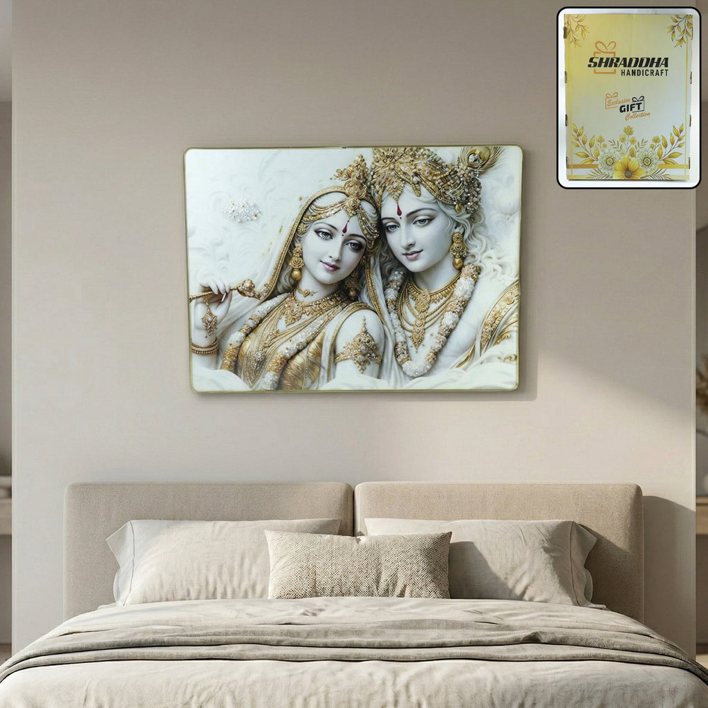 Radha Krishna wall art frame in white and gold finish, perfect for home décor