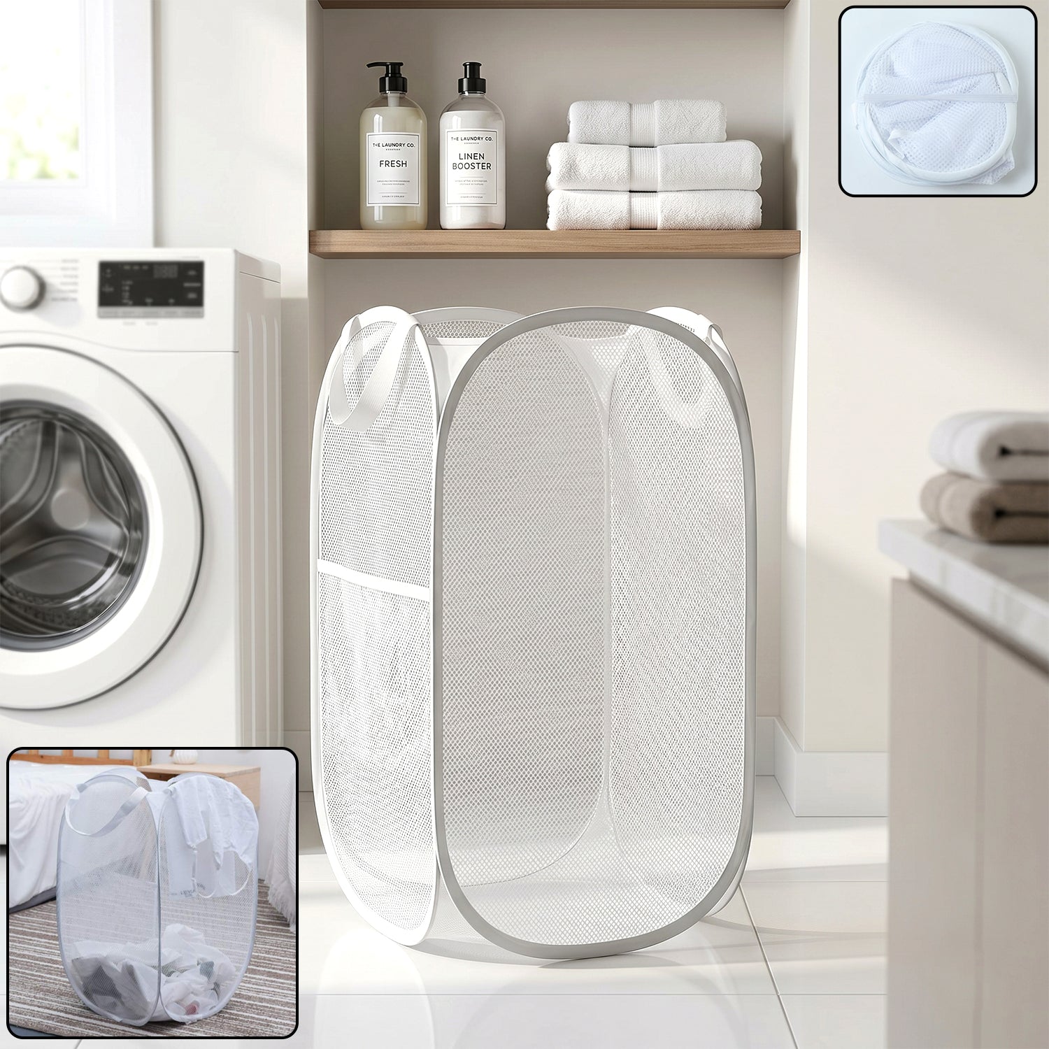 Mesh laundry basket with handles, foldable design for easy storage