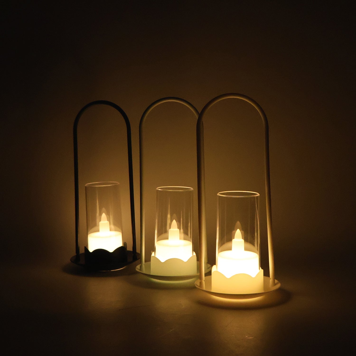 Flameless LED candle set showcasing elegant plastic arch frame and warm flicker light