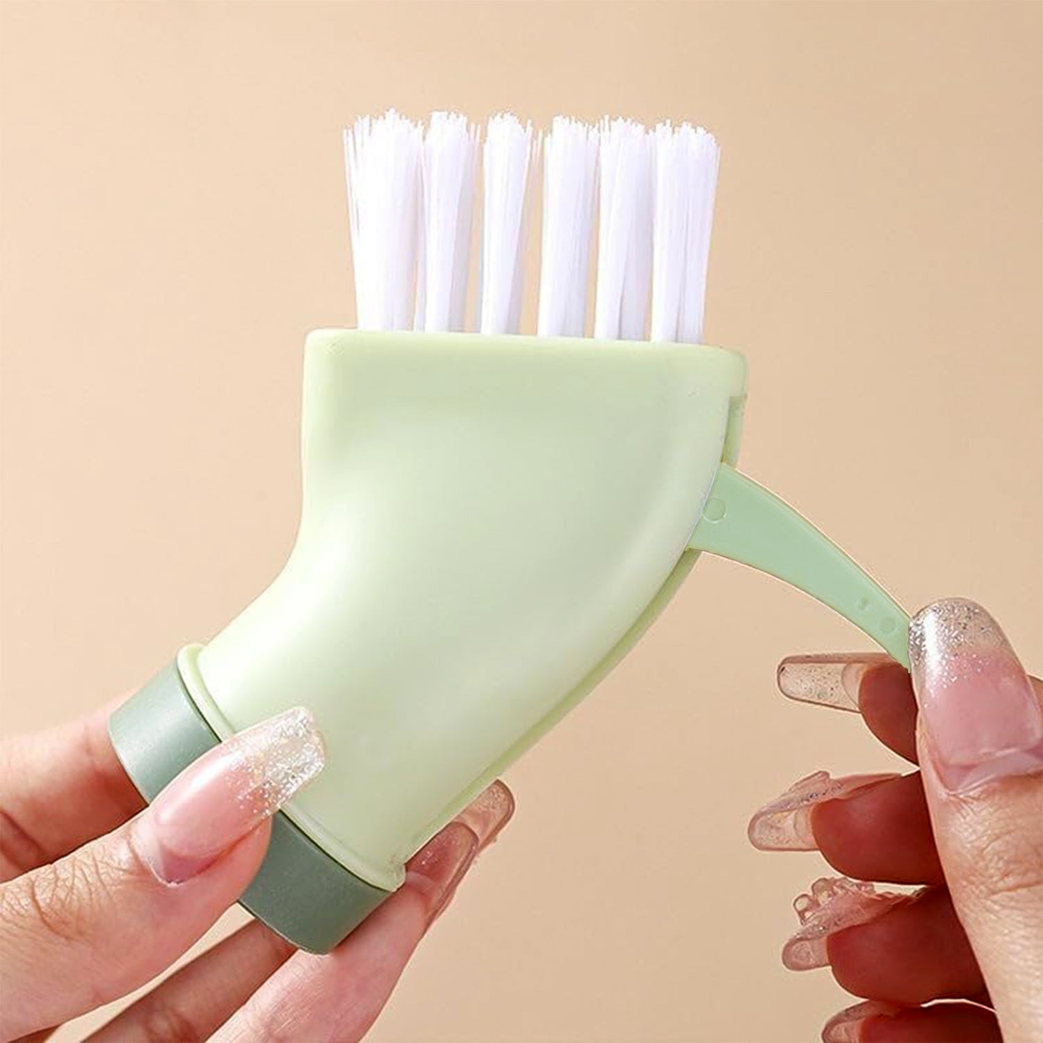 Dual-action connectable scrubbing brush with nozzle and scraper for tight grooves