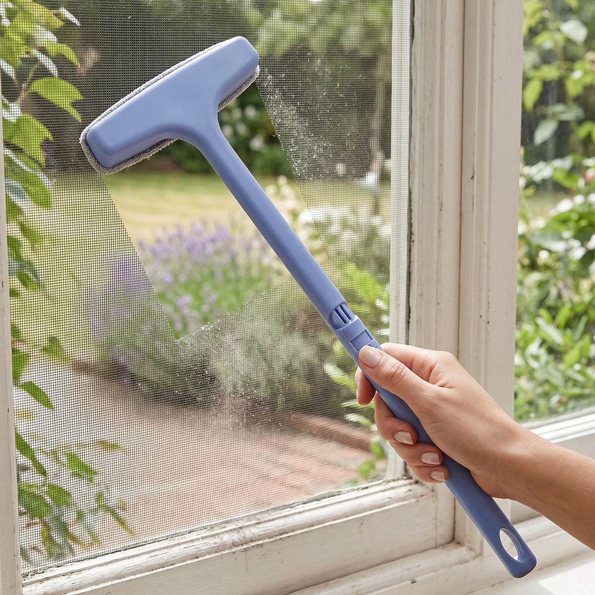 Velvet Wipe 3-in-1 window mesh cleaner with brush and ergonomic handle.