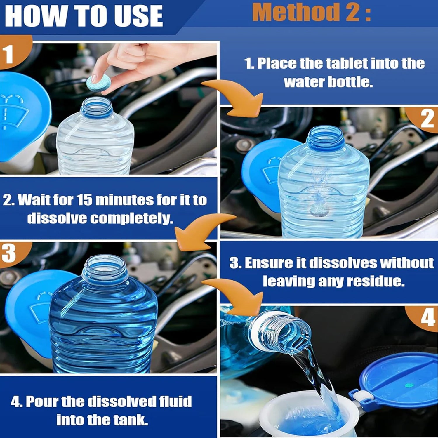 Cleaning tablets dissolving in vehicle windshield washer fluid