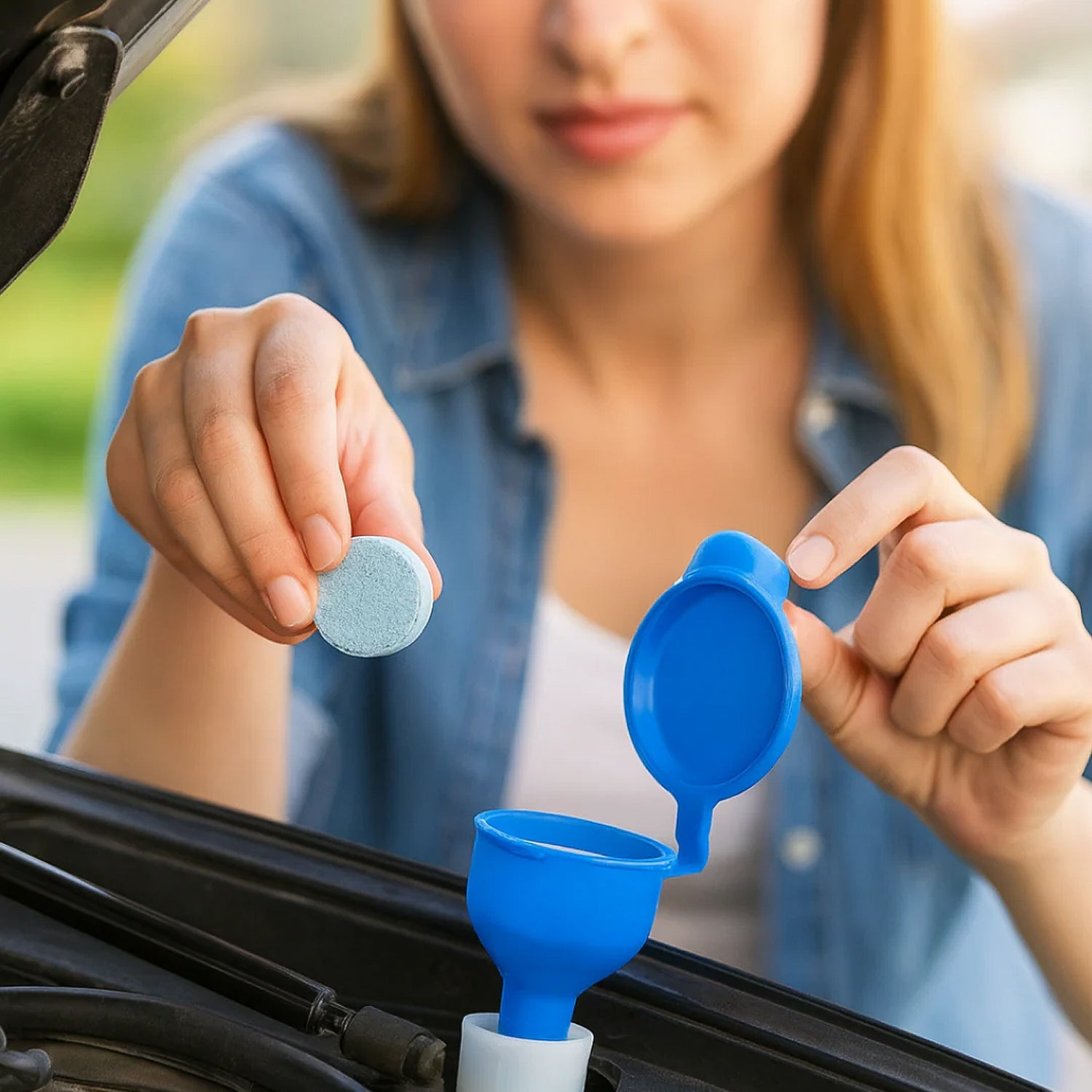 Car windshield cleaning setup with effervescent detergent tablets