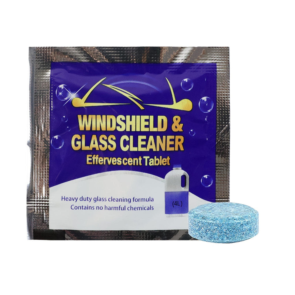 Vehicle windshield reflecting light after cleaner effervescent tablets application