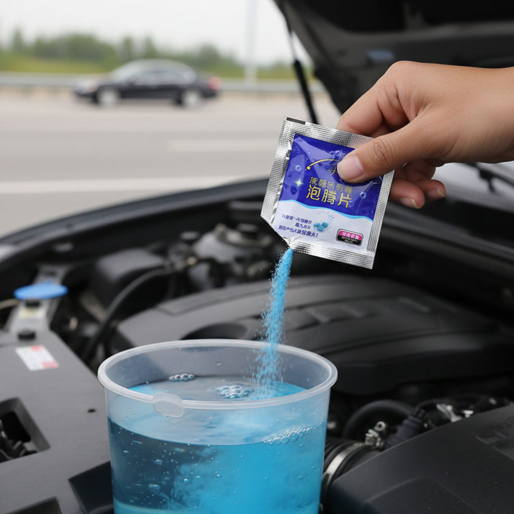 Clear car windshield cleaned using wiper detergent powder