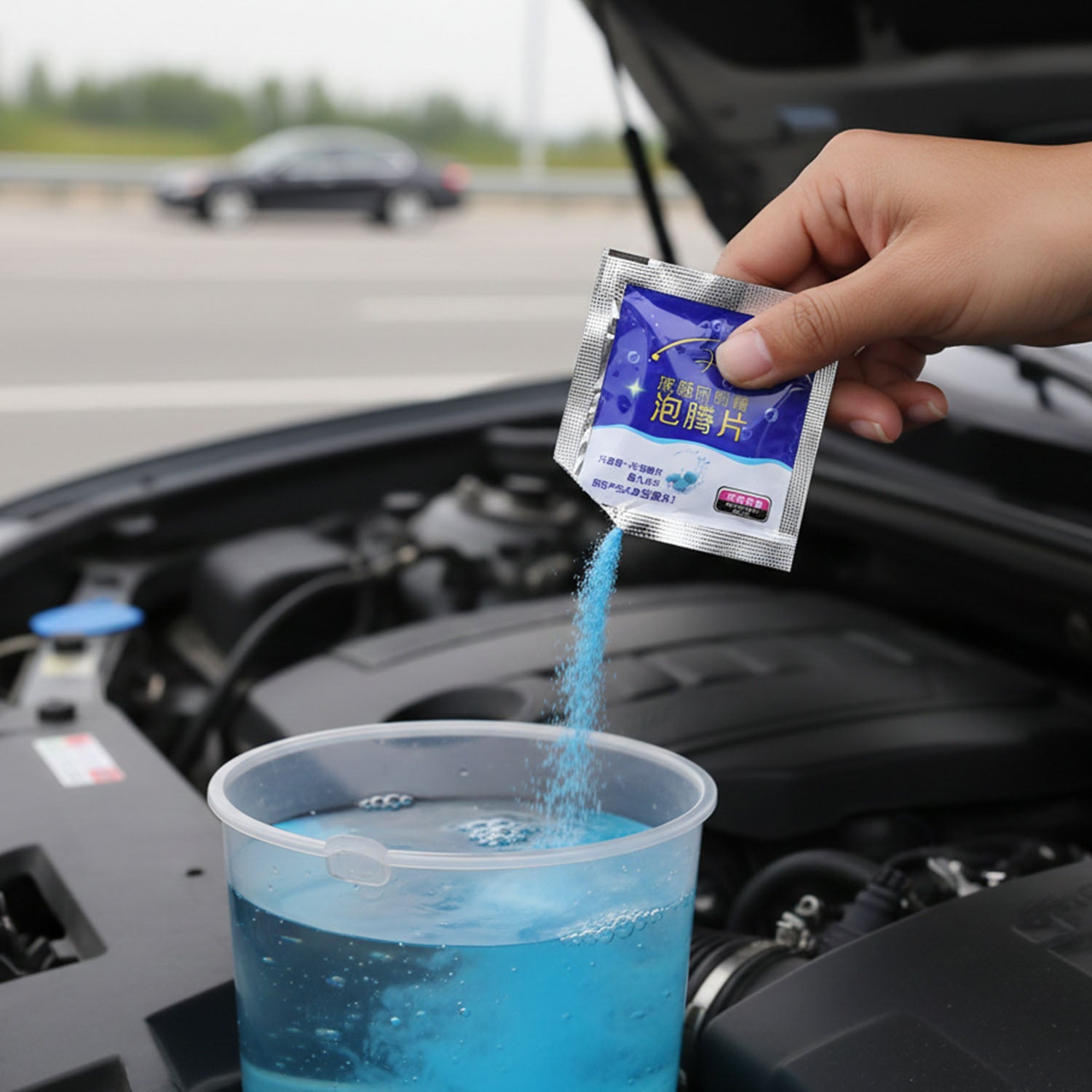Clear car windshield cleaned using wiper detergent powder