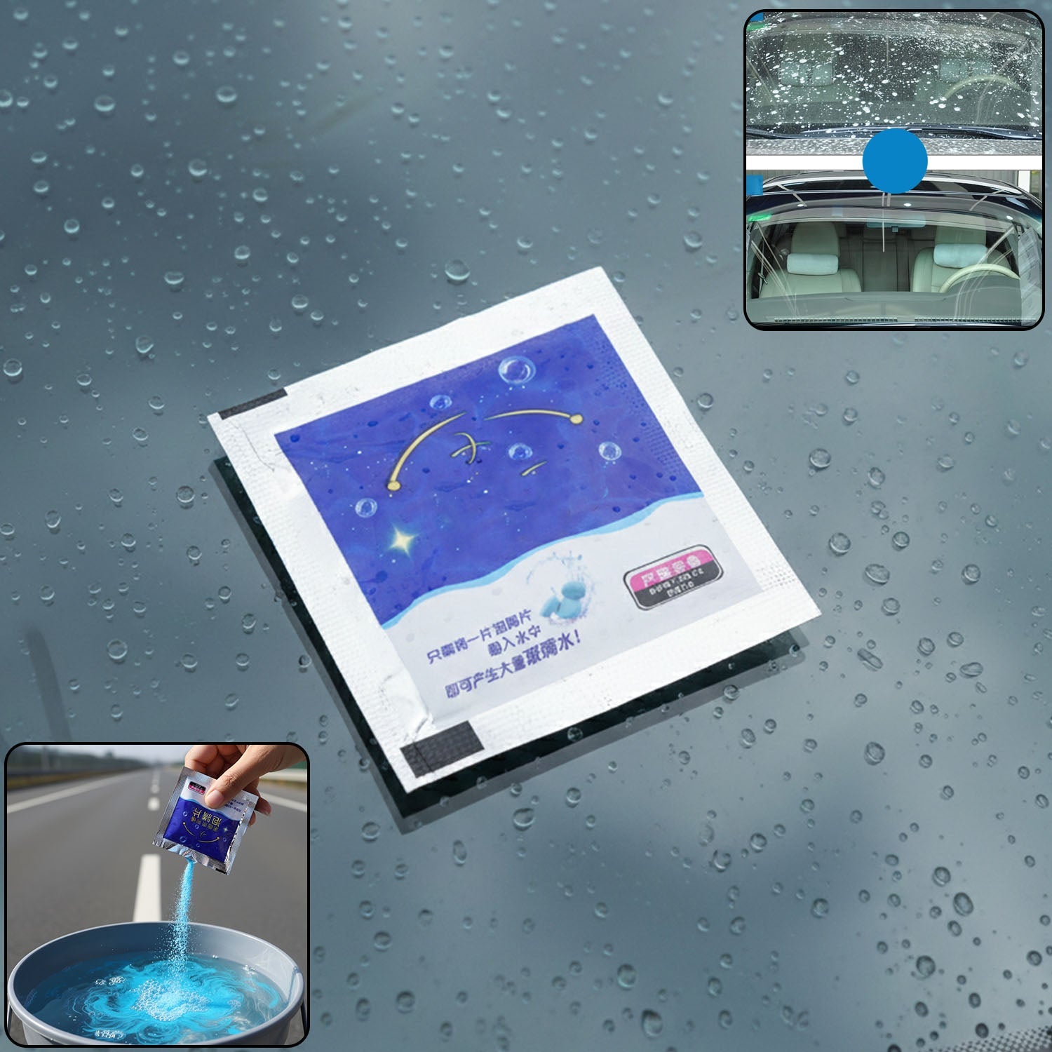Car windshield wiper detergent powder packet for streak-free cleaning