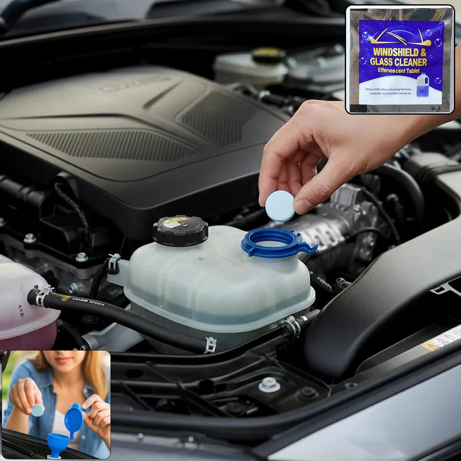 Effervescent tablet for car windshield cleaning and clarity
