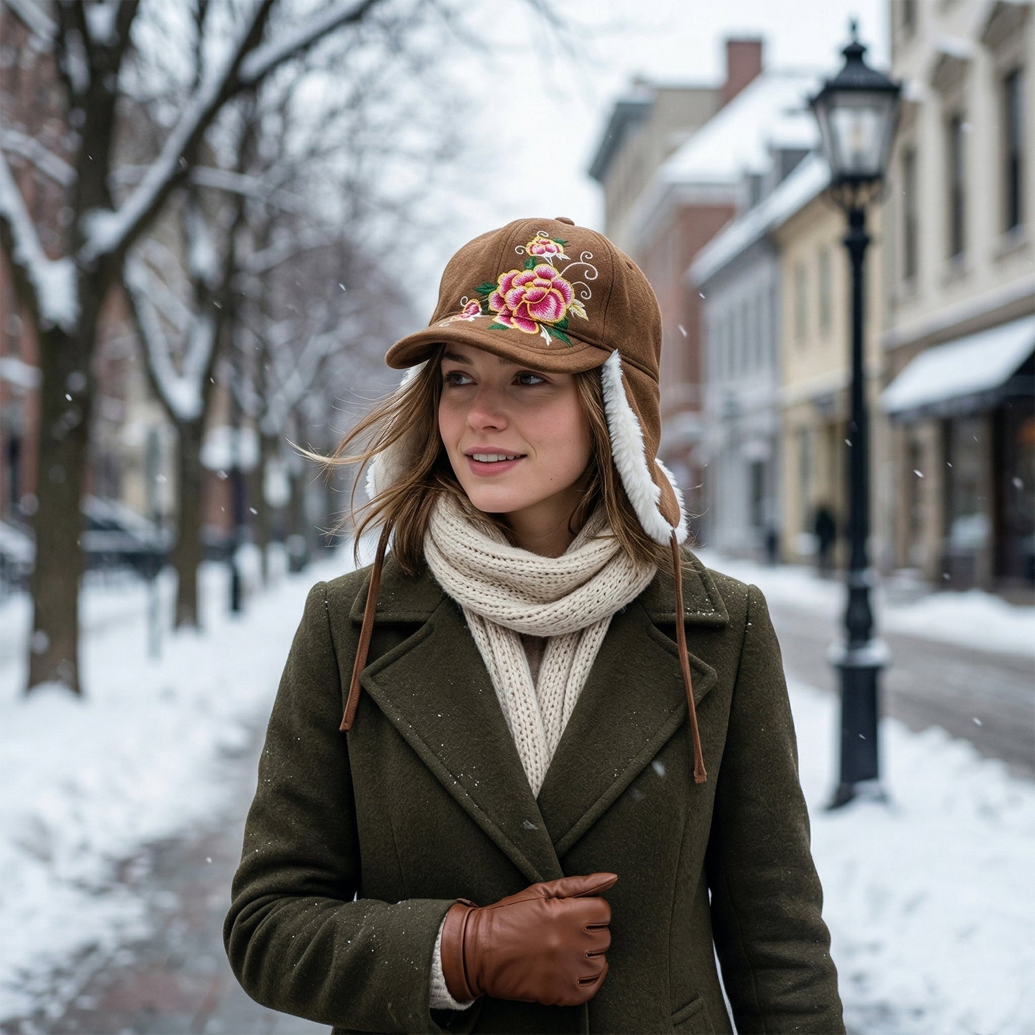 Winter casual women’s ear flap cap with floral embroidery and adjustable tie strings