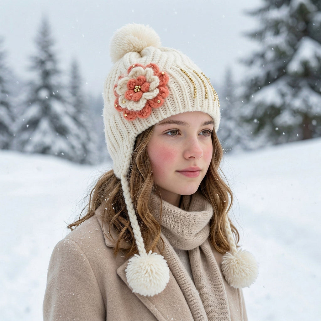 Children's winter cap with ear coverage and playful pom-pom