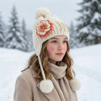 Children's winter cap with ear coverage and playful pom-pom
