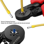 Ratchet ferrule crimping tool featuring ergonomic plastic handle and jaws