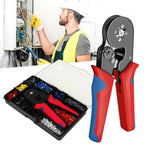 Open ferrule crimping tool kit displaying ratchet plier and color-coded ferrules